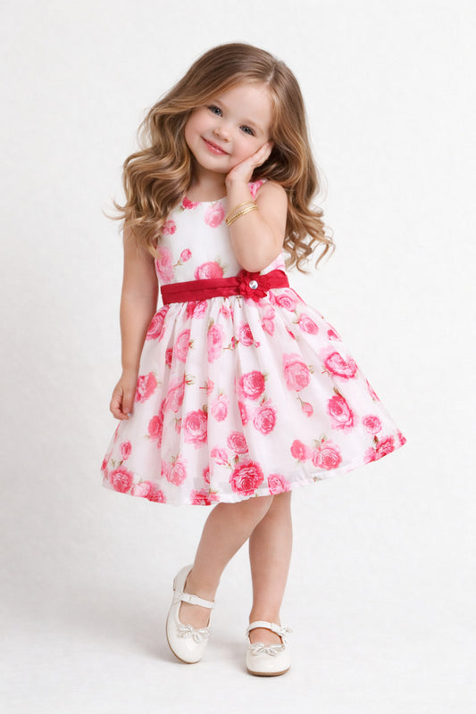 The Magic Wand Woven Sleeveless Floral Printed Dress With Floral Applique - White
