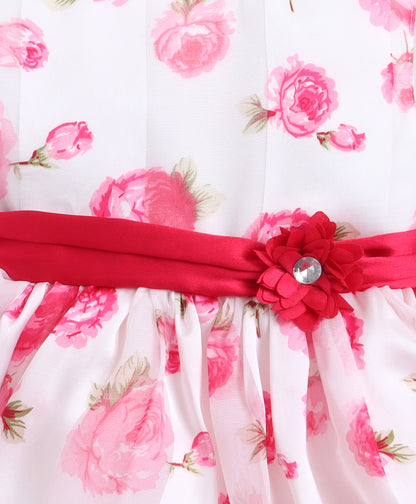 The Magic Wand Woven Sleeveless Floral Printed Dress With Floral Applique - White