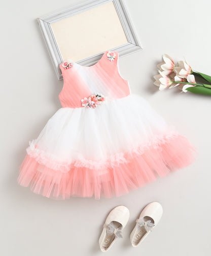 The Magic Wand Woven Sleeveless Tiered Tulle Dress With Floral Applique - Peach