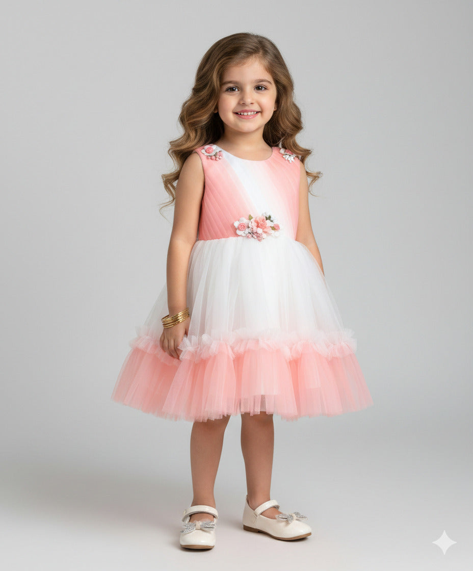 The Magic Wand Woven Sleeveless Tiered Tulle Dress With Floral Applique - Peach