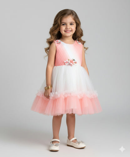 The Magic Wand Woven Sleeveless Tiered Tulle Dress With Floral Applique - Peach