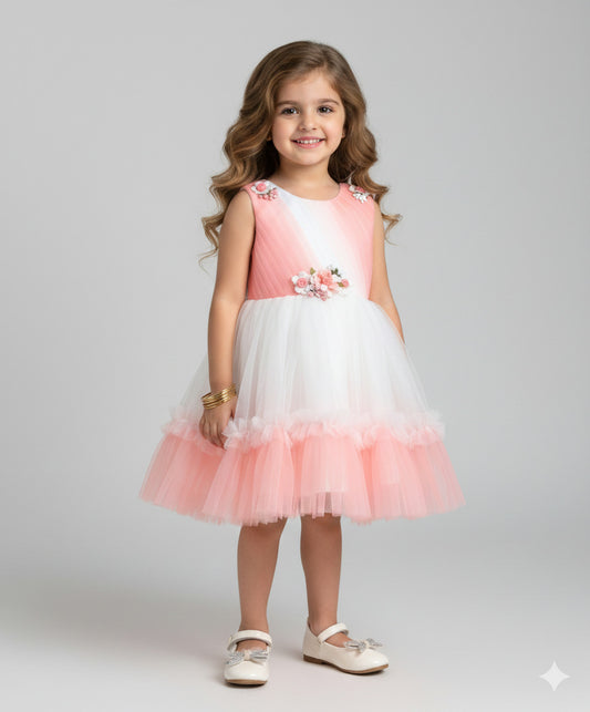 The Magic Wand Woven Sleeveless Tiered Tulle Dress With Floral Applique - Peach