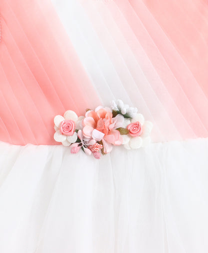The Magic Wand Woven Sleeveless Tiered Tulle Dress With Floral Applique - Peach