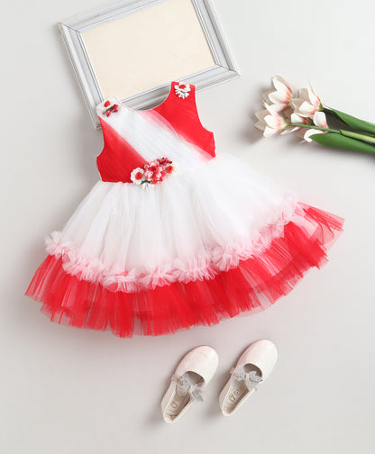 The Magic Wand Woven Sleeveless Tiered Tulle Dress With Floral Applique - Red