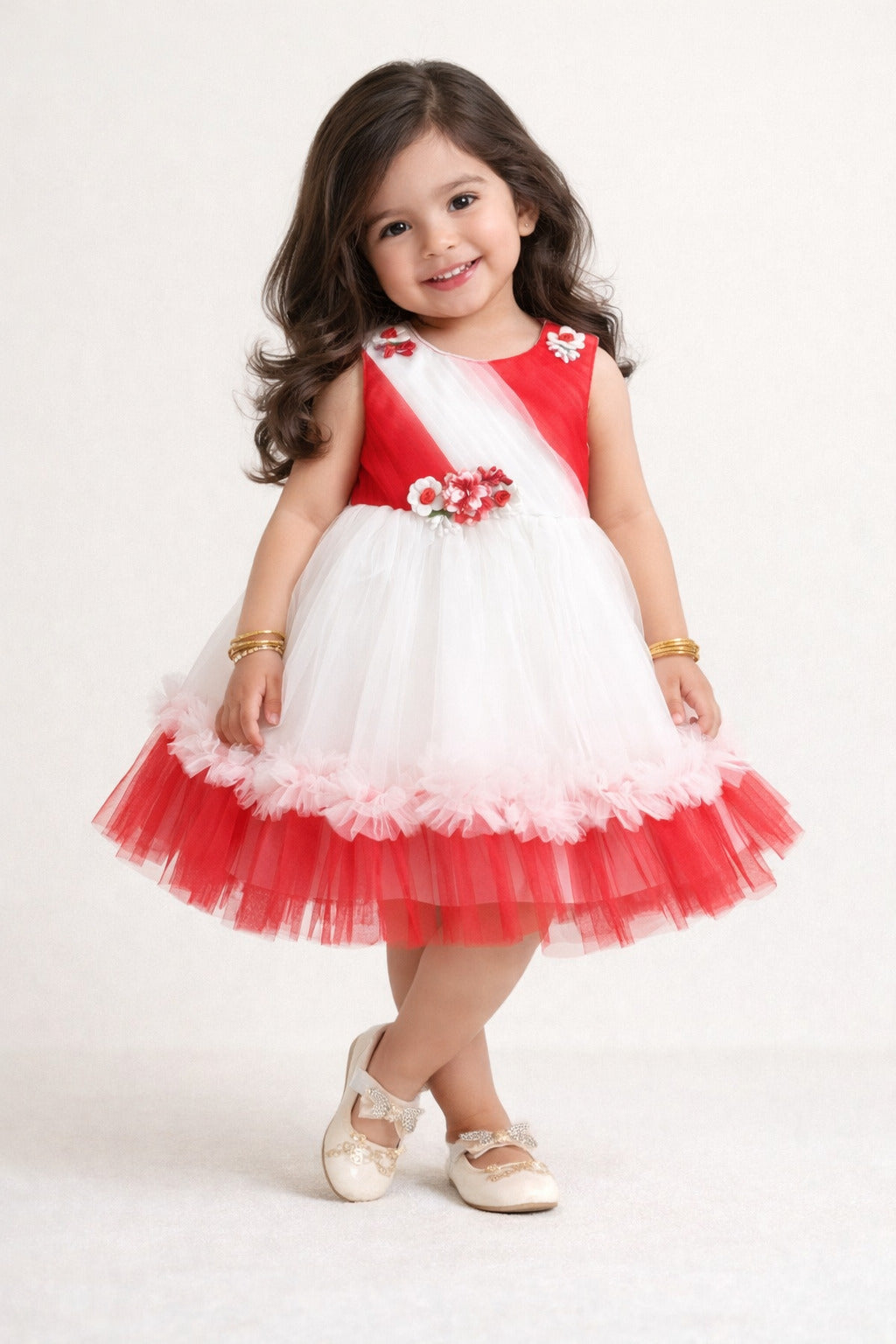 The Magic Wand Woven Sleeveless Tiered Tulle Dress With Floral Applique - Red
