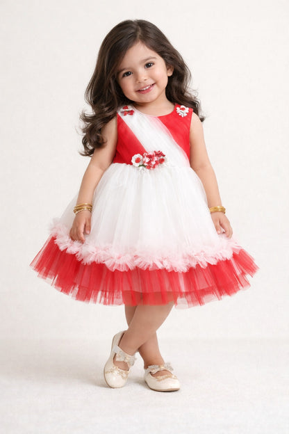 The Magic Wand Woven Sleeveless Tiered Tulle Dress With Floral Applique - Red