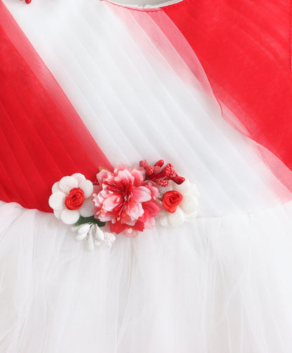 The Magic Wand Woven Sleeveless Tiered Tulle Dress With Floral Applique - Red