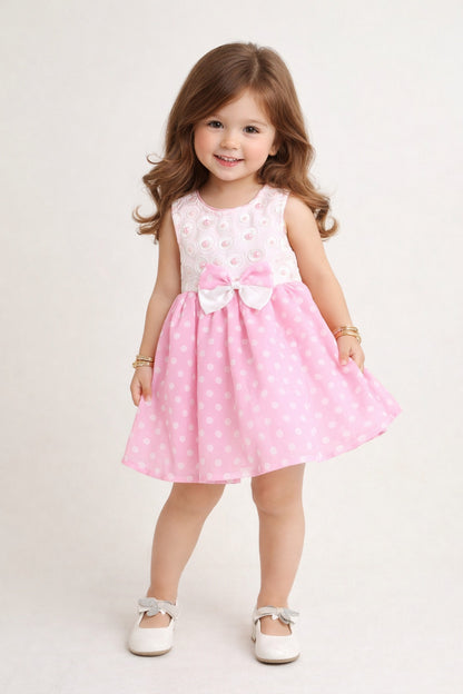 The Magic Wand Woven Sleeveless Polka Dot Pearl Embellished Flared Dress With Bow Applique - Pink