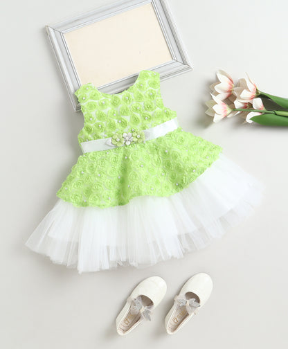 The Magic Wand Woven Sleeveless Pearl Embellished Tulle Dress - Green