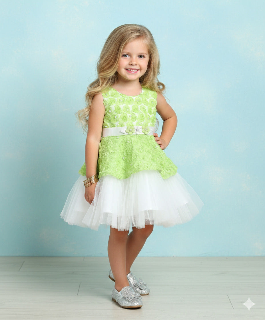 The Magic Wand Woven Sleeveless Pearl Embellished Tulle Dress - Green