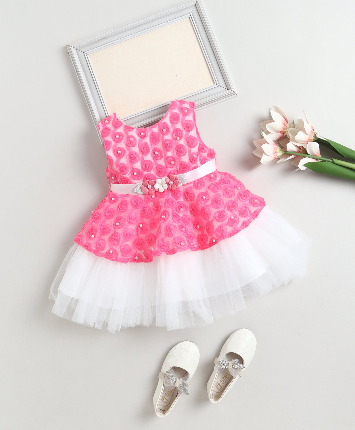 The Magic Wand Woven Sleeveless Pearl Embellished Tulle Dress - Pink