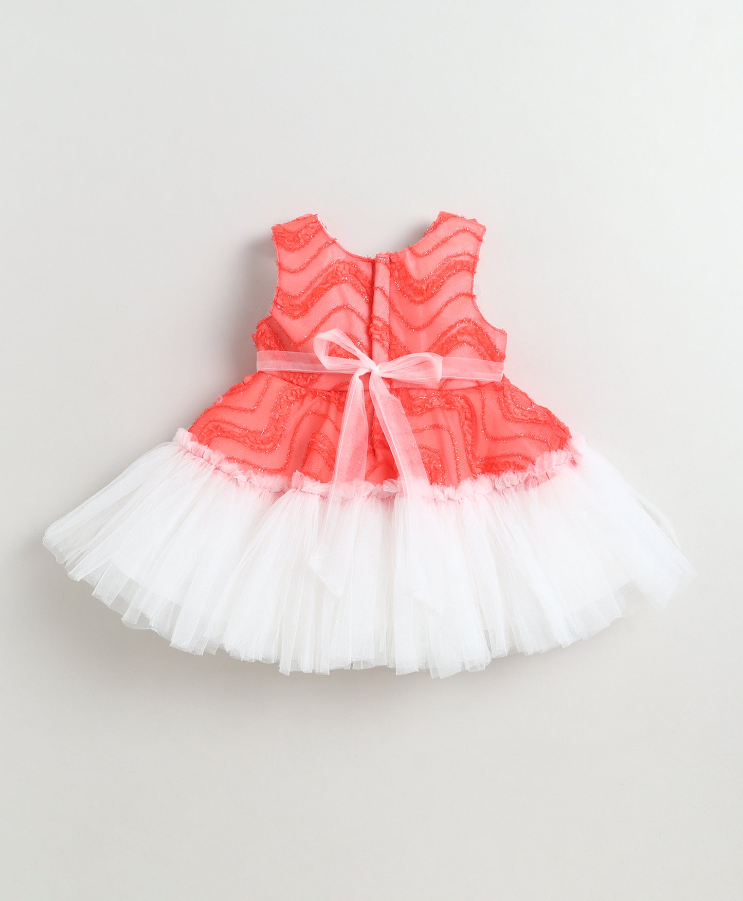 The Magic Wand Woven Sleeveless Zig Zag Laced Flared Tulle Dress With Floral Applique - Red