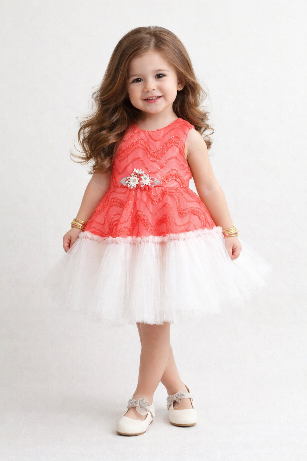 The Magic Wand Woven Sleeveless Zig Zag Laced Flared Tulle Dress With Floral Applique - Red