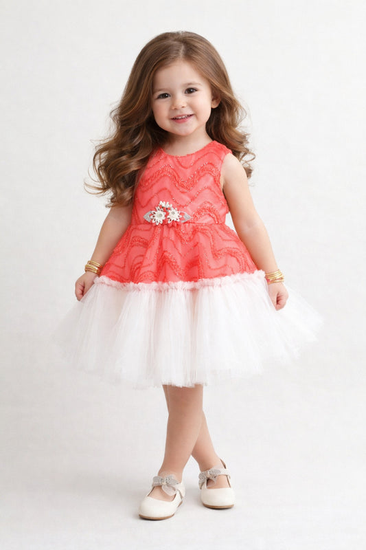 The Magic Wand Woven Sleeveless Zig Zag Laced Flared Tulle Dress With Floral Applique - Red