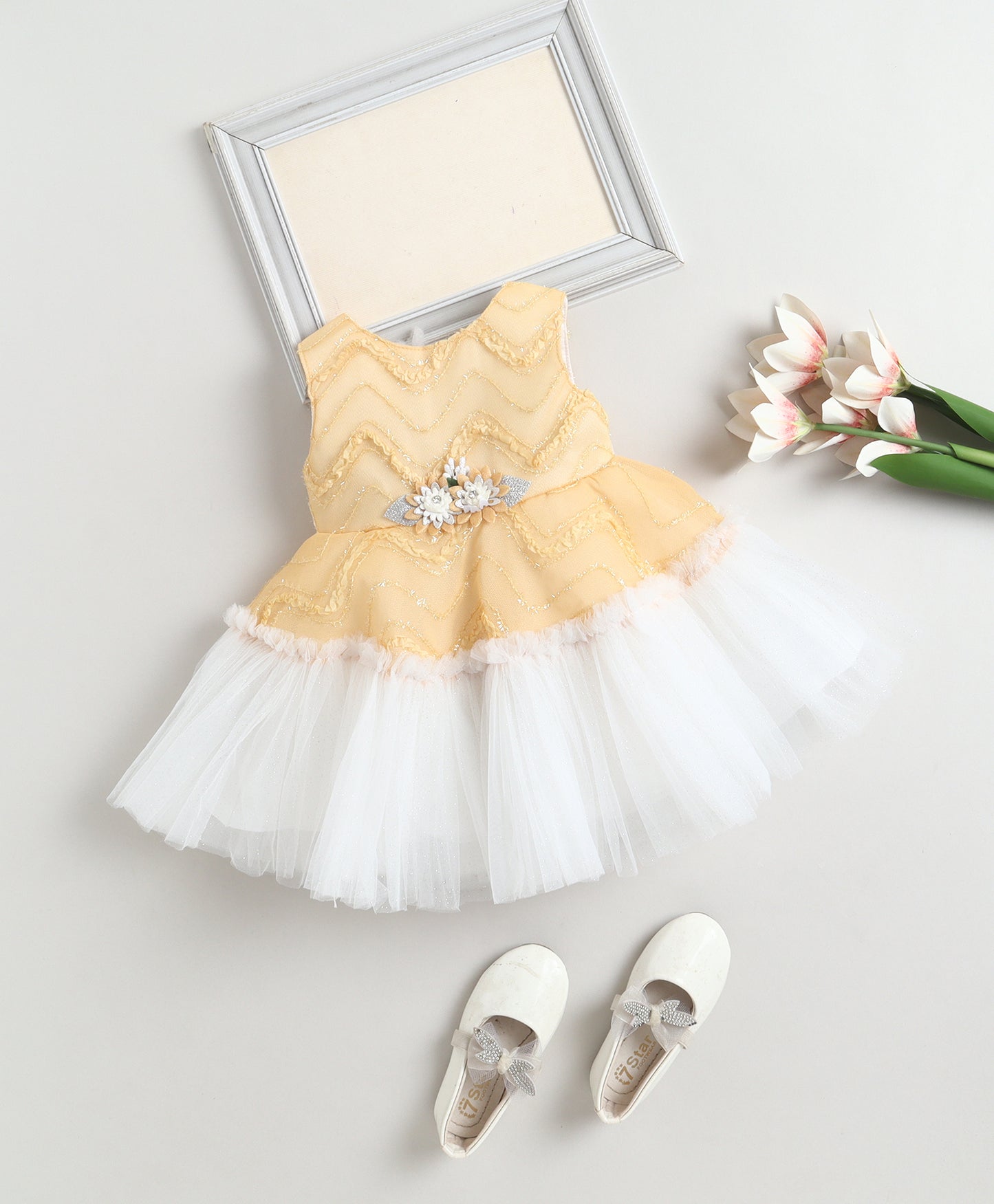 The Magic Wand Woven Sleeveless Zig Zag Laced Flared Tulle Dress With Floral Applique - Beige