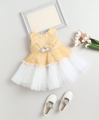 The Magic Wand Woven Sleeveless Zig Zag Laced Flared Tulle Dress With Floral Applique - Beige