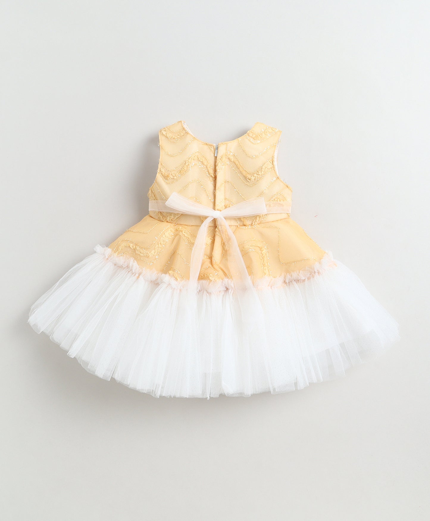 The Magic Wand Woven Sleeveless Zig Zag Laced Flared Tulle Dress With Floral Applique - Beige
