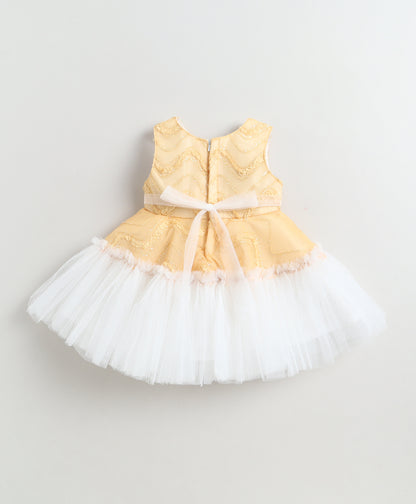 The Magic Wand Woven Sleeveless Zig Zag Laced Flared Tulle Dress With Floral Applique - Beige
