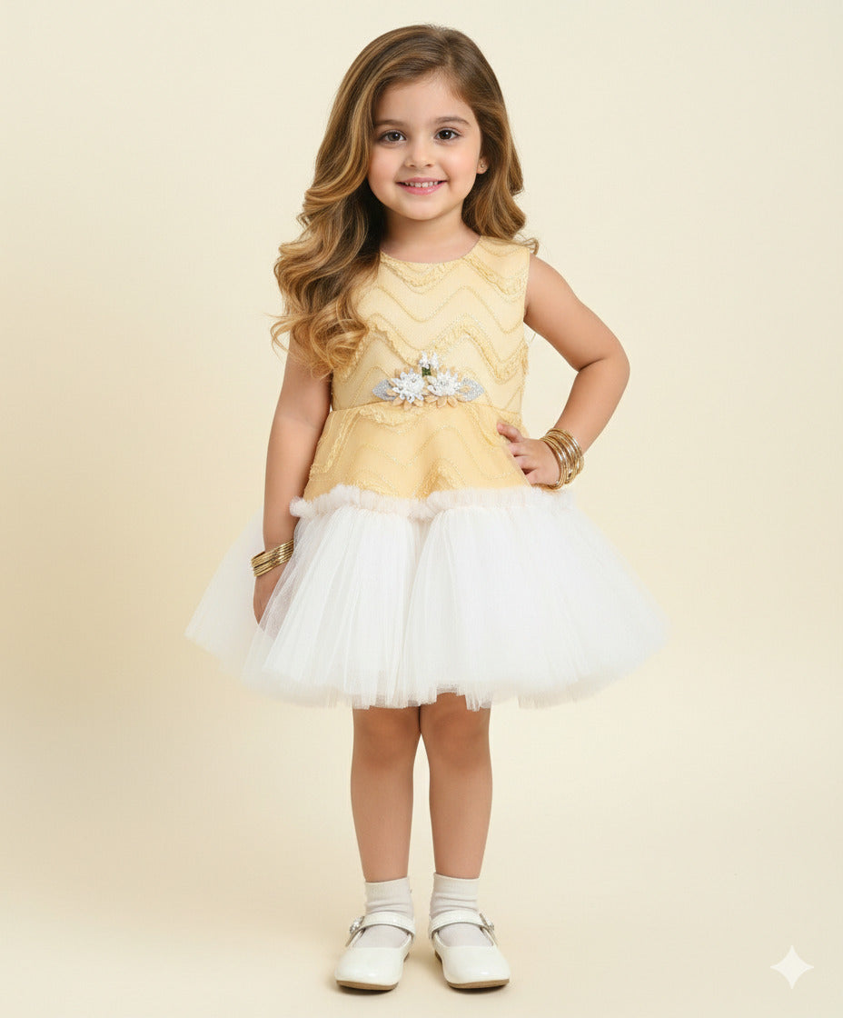 The Magic Wand Woven Sleeveless Zig Zag Laced Flared Tulle Dress With Floral Applique - Beige