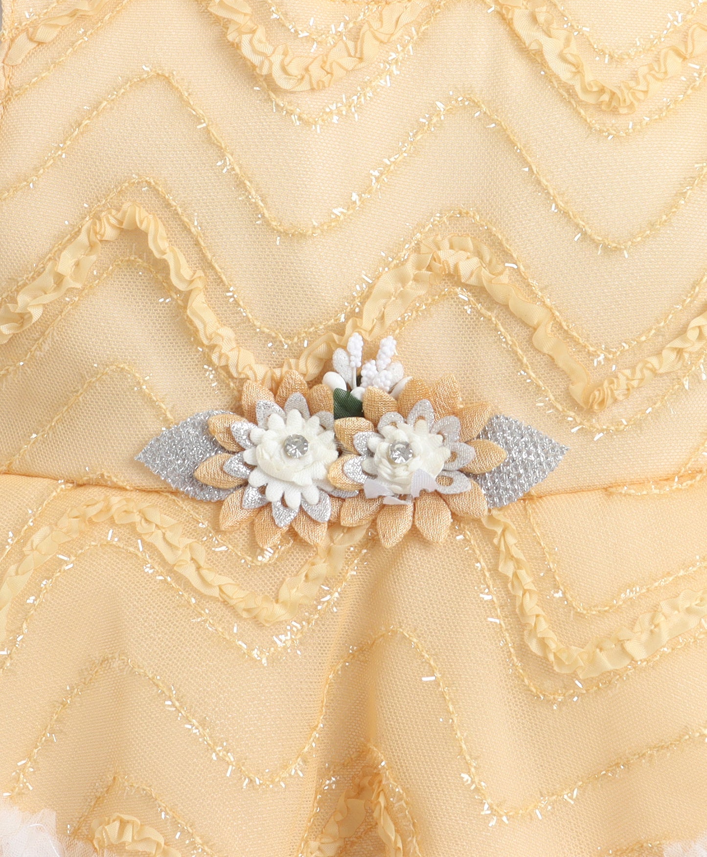 The Magic Wand Woven Sleeveless Zig Zag Laced Flared Tulle Dress With Floral Applique - Beige