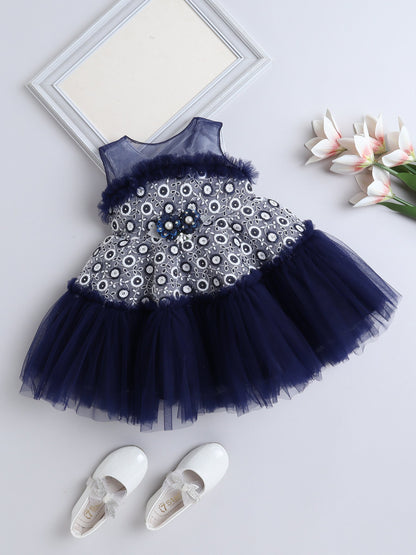 Sleeveless Flower Applique Net Dress- Blue