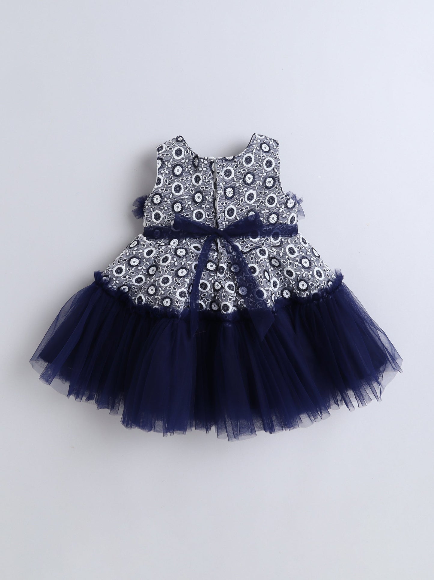 Sleeveless Flower Applique Net Dress- Blue
