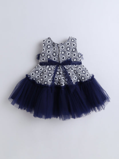 Sleeveless Flower Applique Net Dress- Blue