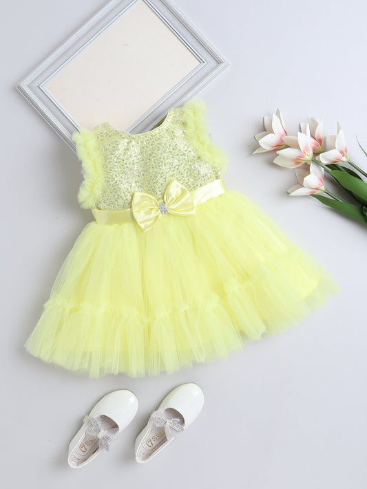 The Magic Wand Sleeveless Sequins Embellished Tiered Dress with Bow - Yellow