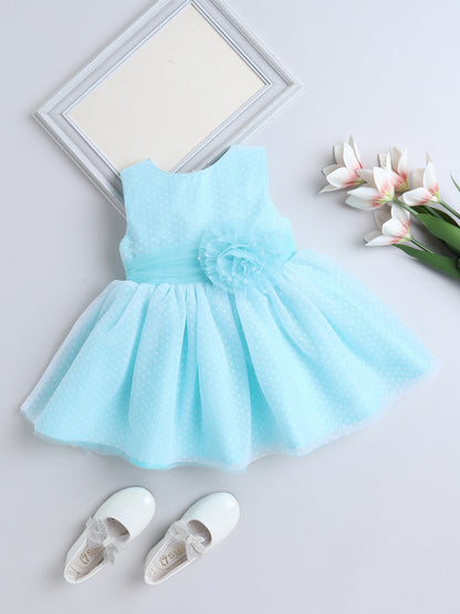 Sleeveless Flower Embelished Dress For Girls- Teal Blue