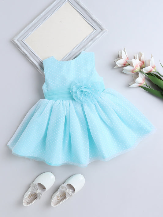 Sleeveless Flower Embelished Dress For Girls- Teal Blue