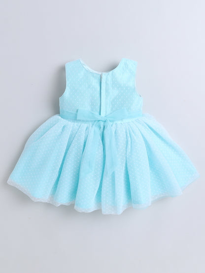 Sleeveless Flower Embelished Dress For Girls- Teal Blue