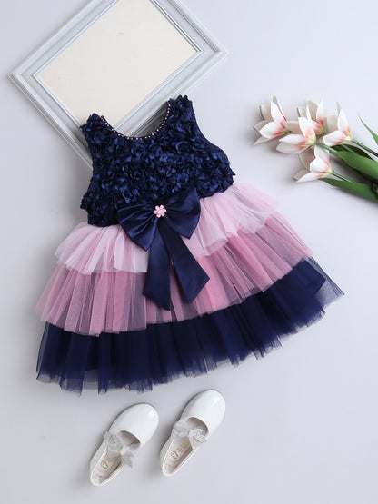 Sleeveless Sequins with Bow Net Dress- Navy Blue