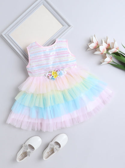 Sleeveless Sequins Embellished Floral Applique Detailed Layered Dress - Multi Colour