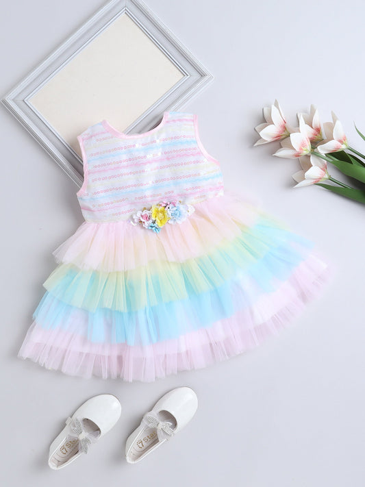 Sleeveless Sequins Embellished Floral Applique Detailed Layered Dress - Multi Colour