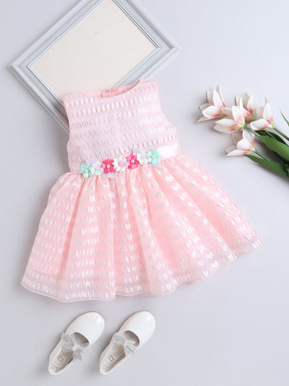 Sleeveless Floral Applique Detailed Chevron Embroidered Flared Dress - Peach
