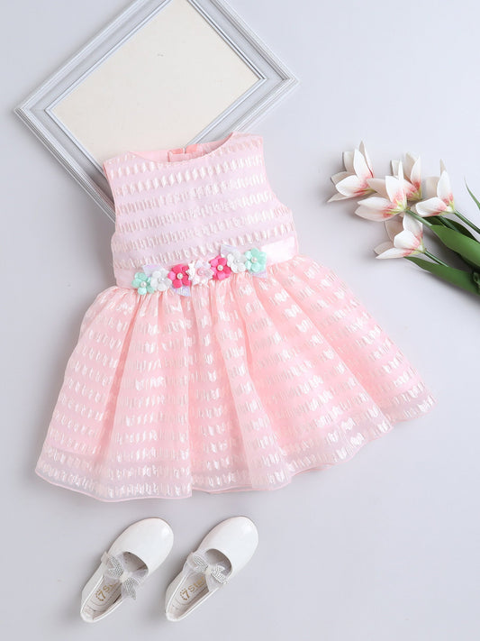 Sleeveless Floral Applique Detailed Chevron Embroidered Flared Dress - Peach