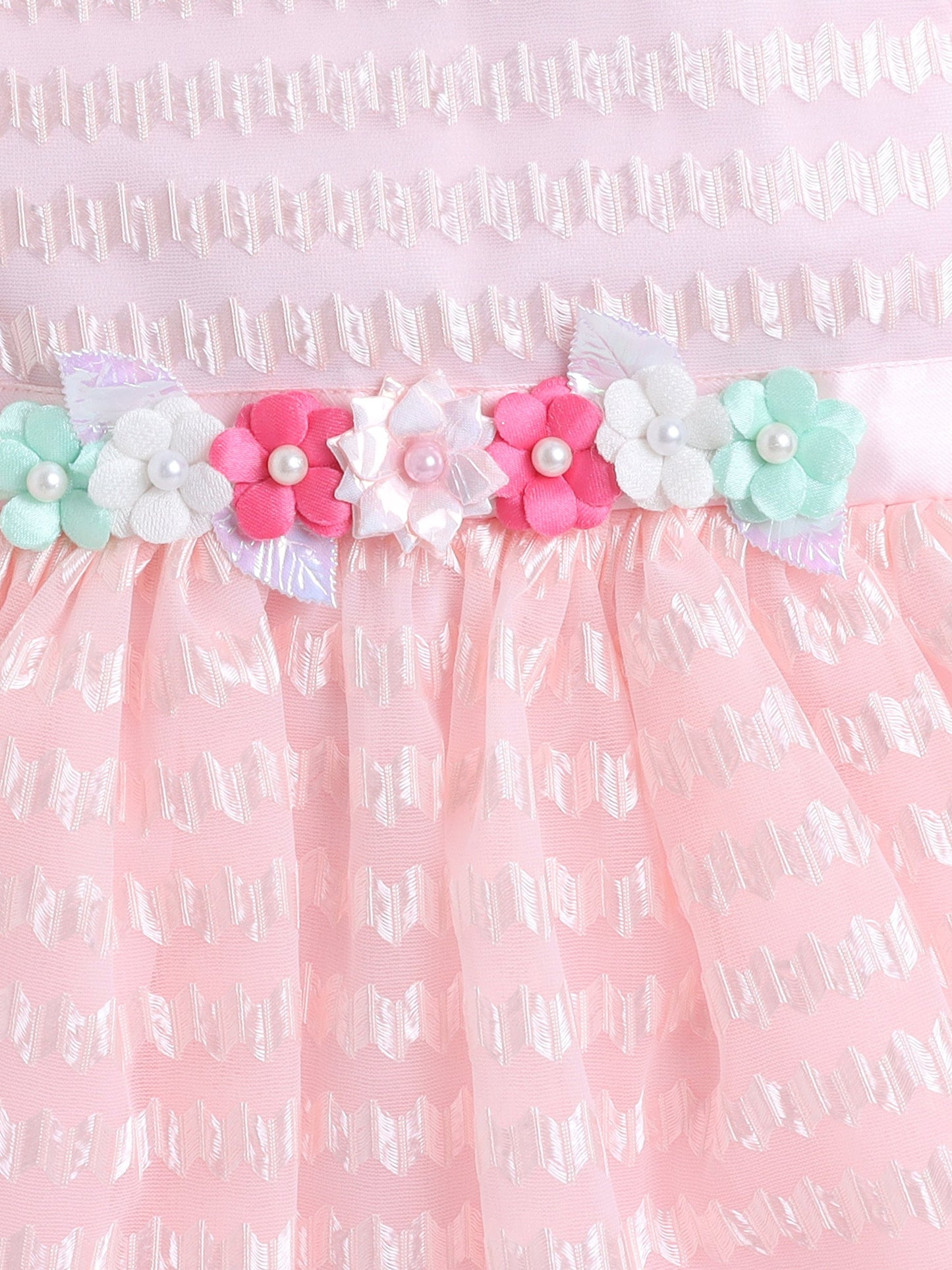 Sleeveless Floral Applique Detailed Chevron Embroidered Flared Dress - Peach