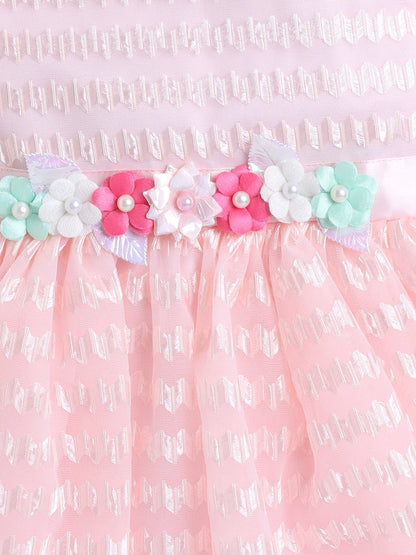 Sleeveless Floral Applique Detailed Chevron Embroidered Flared Dress - Peach