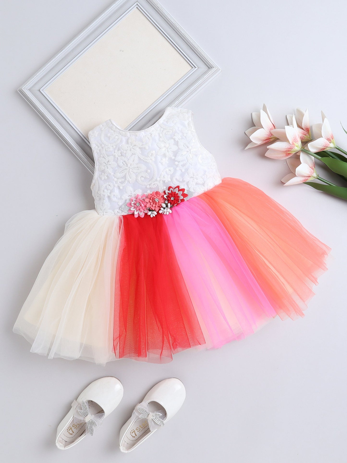 Sleeveless Floral Applique Detailed Colour Blocked Net Dress - Multi Colour