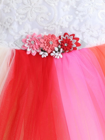 Sleeveless Floral Applique Detailed Colour Blocked Net Dress - Multi Colour