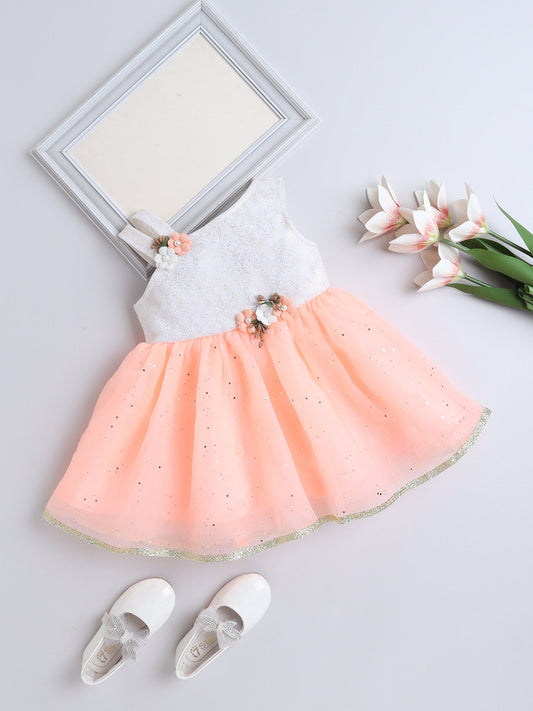 One Shoulder Floral Applique Detailed Shimmered Dress - Peach