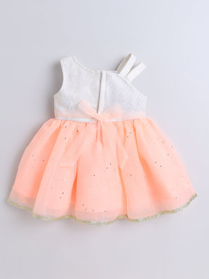 One Shoulder Floral Applique Detailed Shimmered Dress - Peach