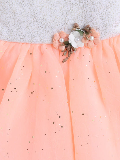 One Shoulder Floral Applique Detailed Shimmered Dress - Peach