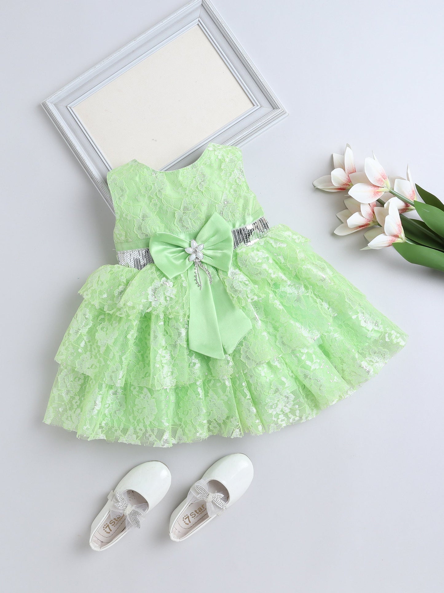 Sleeveless Sequins & Stones Embellished Floral Embroidered Dress - Green