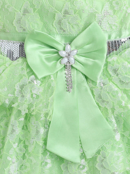 Sleeveless Sequins & Stones Embellished Floral Embroidered Dress - Green