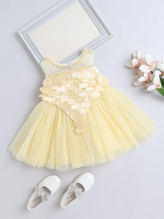 Sleeveless Pearls & Heart Bodice Embellished Flared Dress - Yellow