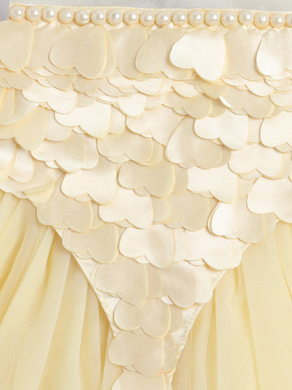 Sleeveless Pearls & Heart Bodice Embellished Flared Dress - Yellow
