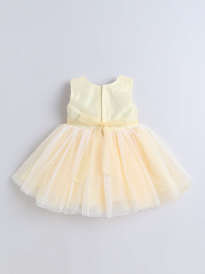 Sleeveless Dots Embroidered & Flower Applique Detailed Net Dress - Yellow