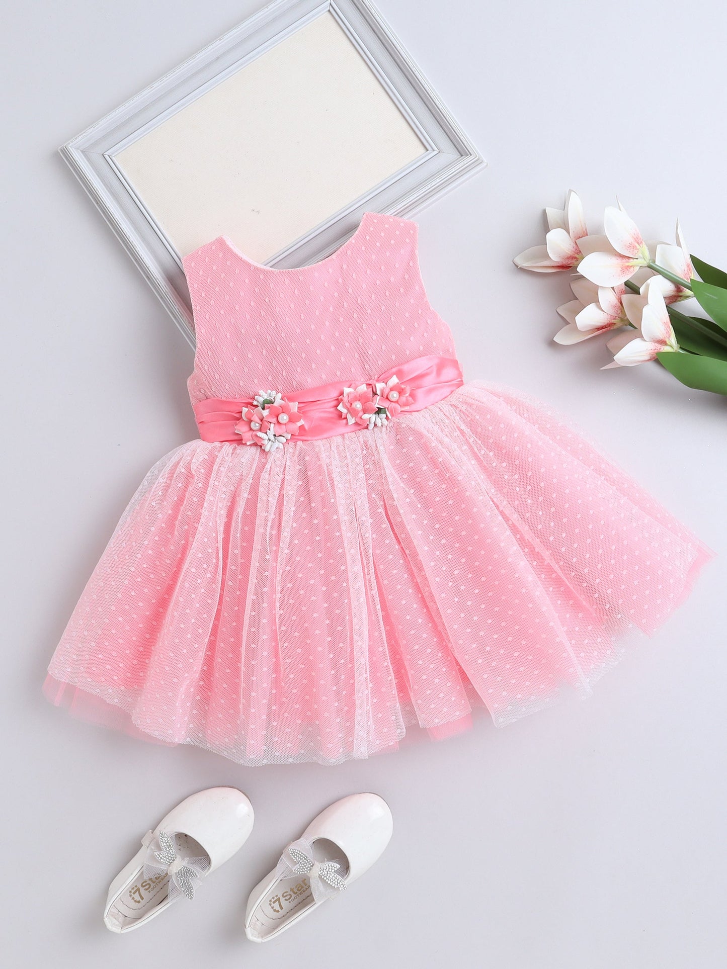 Sleeveless Dots Embroidered & Flower Applique Detailed Net Dress - Pink