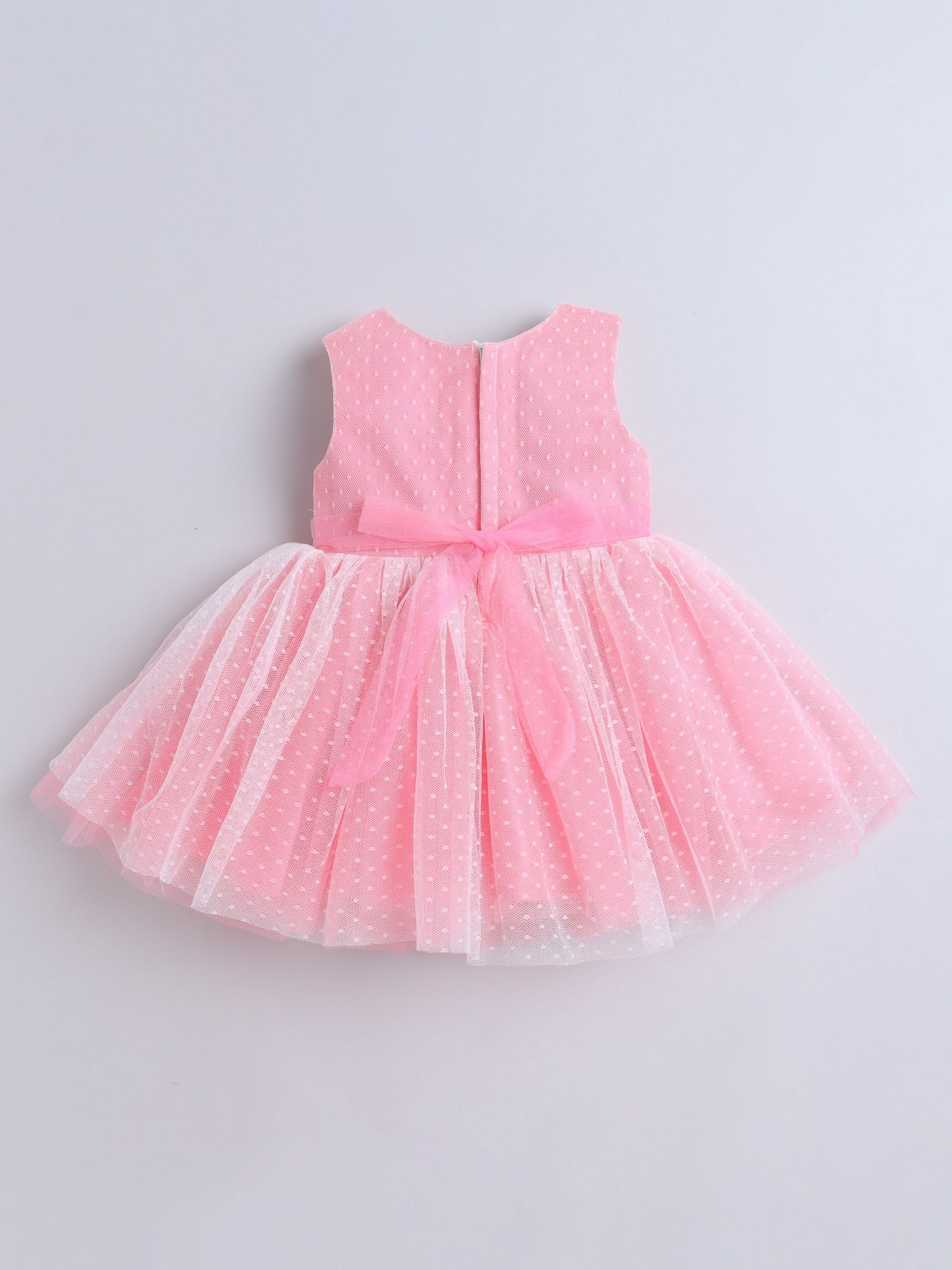 Sleeveless Dots Embroidered & Flower Applique Detailed Net Dress - Pink